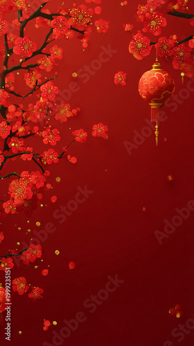 Vibrant Red Blossom Tree with Lantern Against Rich Background