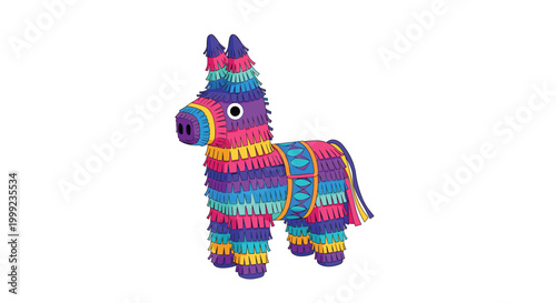 Traditional Mexican donkey pinata decorated with vibrant multi-colored fringed paper layers for a fun party or holiday celebration.
