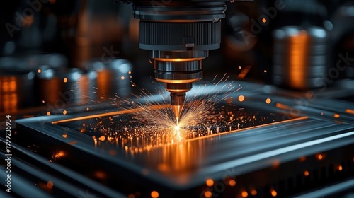 close-up of a precision laser head cutting a metal sheet with bright orange sparks and glowing molten metal, intense dynamic industrial energy