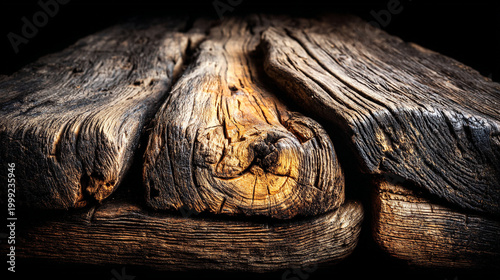 Abstract macro texture of gnarled weathered aged wood grain with weathered, background