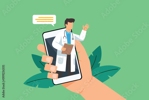 Online doctor consultation via smartphone with nature background, consultation online doctor concept. illustration vector flat design isolated