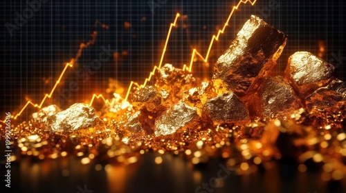 glowing gold nuggets and glittering bullion before a rising orange financial chart conveying wealth, growth and optimistic investment momentum