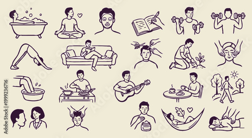 Men hobbies and selfcare activities doodle vector icon set with journaling reading and chilling