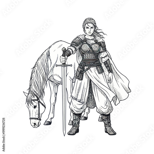 Warrior Woman with Sword and Horse, Fantasy Character Illustration