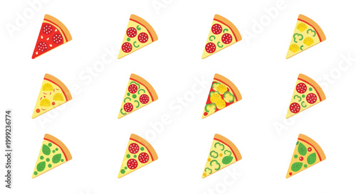 Assorted Pizza Slices Pattern, Italian Food, Fast Food, Vector Illustration