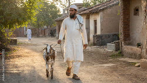 A Muslim man in traditional attire walks a goat down a dusty village road at sunset, with simple houses lining the path.
