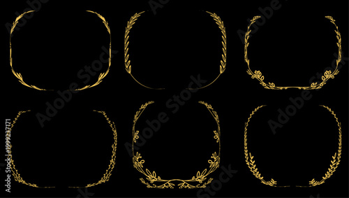 手描き風の繊細なゴールド植物モチーフで構成された円形フレームセット（ナチュラルでエレガントなリース装飾コレクション）