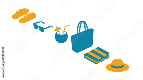 Summer vacation essentials set including flip flops sunglasses coconut drink tote bag towel and hat.