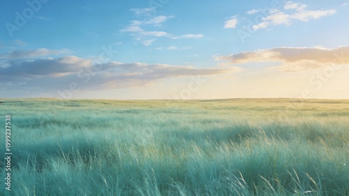 Wide Open Field with Soft Turquoise Grass Under Natural Blue Sky and Warm Light