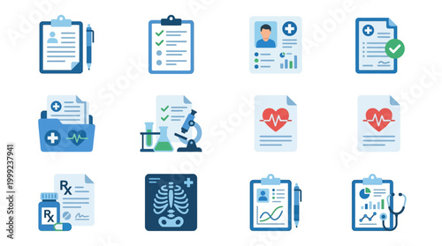 Medical documents and health icons.