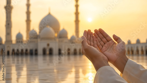 Hands in prayer at sunset in front of a mosque, symbolizing faith and devotion.