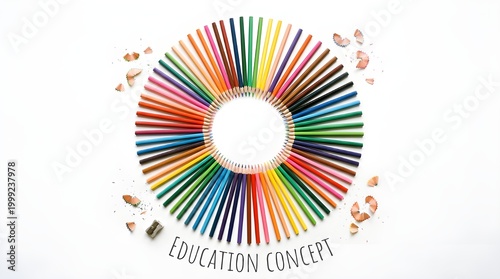 Colorful colored pencils arranged in a circular fan shape on white background
