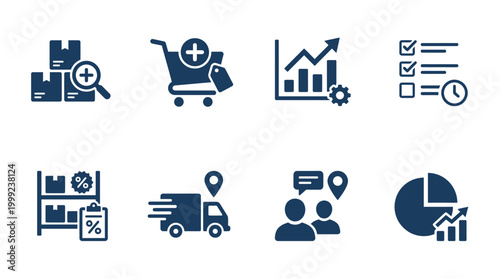 Collection of colorful icons representing e-commerce activities including inventory, shopping, and analytics