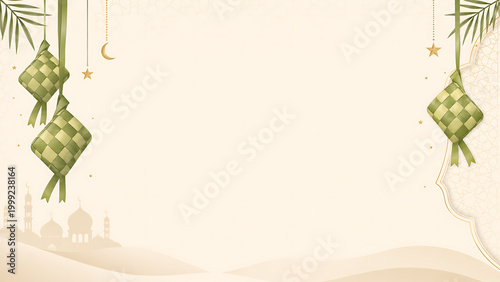 A festive Islamic background featuring ketupat, crescent moons, and stars, with a mosque silhouette in the distance.