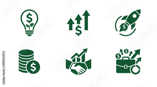 Collection of financial growth icons depicting investment, success, and business progress