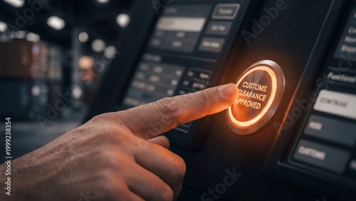 Finger pressing button confirming customs clearance approved on digital screen in a facility