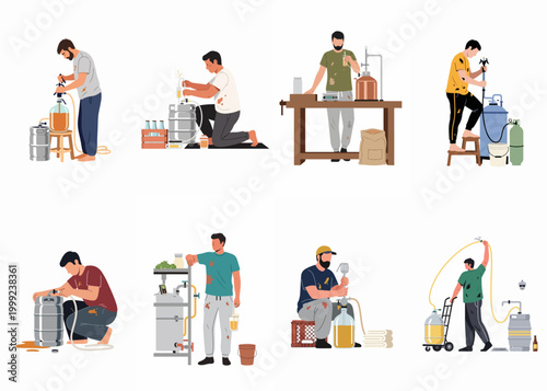 Foto Vector Illustration Set of Men Engaged in Home Brewing Craft Beer Using Professi
