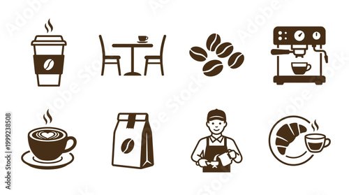 Coffee shop scene featuring a barista preparing espresso, with coffee cups and beans on display