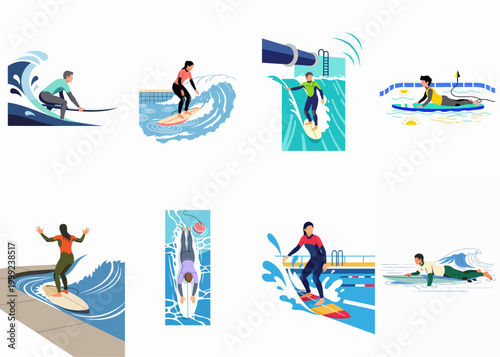 Canvas Print Collection of flat vector illustrations of people surfing in artificial wave pools and indoor surf parks, featuring diverse characters and dynamic water movements