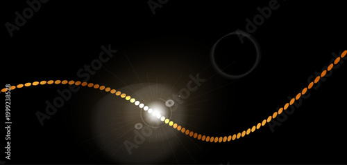 暗闇に浮かぶ輝く光源とドット状の波ラインが交差するエネルギー感あふれる抽象的な光の軌跡背景