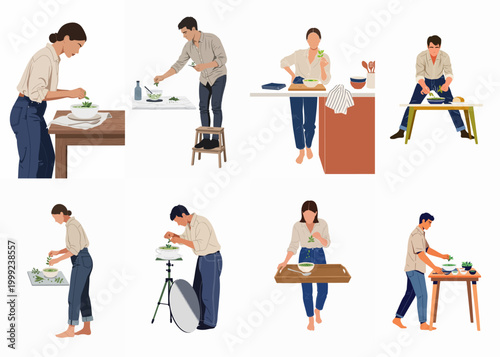 Фотография Collection of flat vector illustrations depicting people food styling and photographing green soup in various home and studio settings