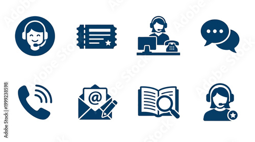 Collection of customer service icons illustrating communication methods and support options