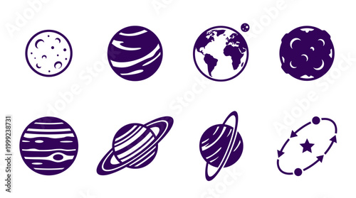 Collection of celestial body illustrations featuring planets, the moon, and Earth with artistic styles