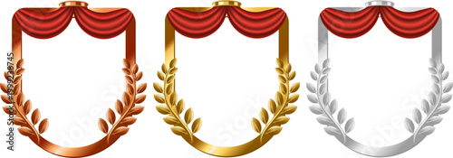 赤いカーテンと月桂樹が装飾されたブロンズ・ゴールド・シルバーの高級感ある表彰用クラシックフレームセット