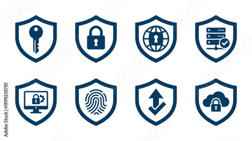Collection of security icons representing various aspects of digital protection and privacy measures