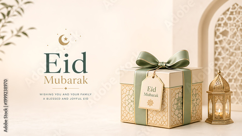 Elegant Eid Mubarak greeting with a beautifully wrapped gift box and a glowing golden lantern, set against a warm, festive background.