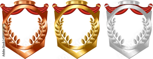 赤いドレープと月桂樹が印象的なブロンズ・ゴールド・シルバーの盾型エンブレム風ラグジュアリーフレームセット