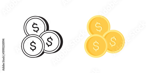 Three Coin Icons Representing Payment, Online Shopping Icon For Ecommerce Checkout And Digital Wallet, Flat Outline And Filled Gold Styles On White Background, Minimal Highcontrast Suitable