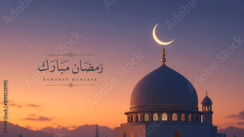 A mosque dome with a crescent moon against a vibrant sunset sky, featuring 