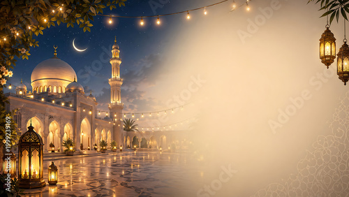 Beautifully illuminated mosque at night with crescent moon, lanterns, and festive lights, creating a serene and spiritual atmosphere for Islamic celebrations.