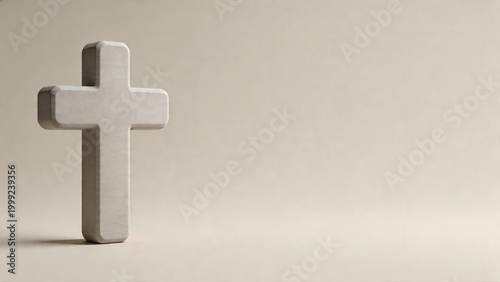 Minimalist 3D Stone Cross on Blank Beige Background with Copy Space