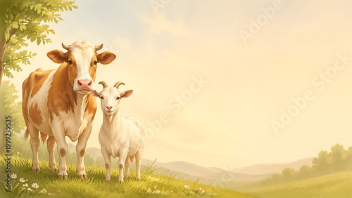 A brown and white cow and a white goat stand together in a sunny green pasture with trees and a bright sky.