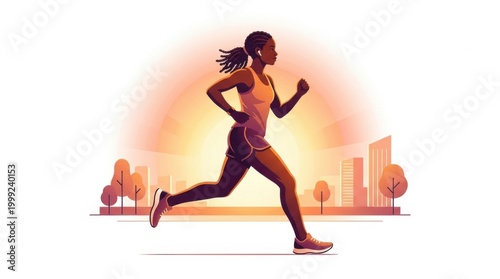 Black Woman Runner Jogging at Sunset in City Park