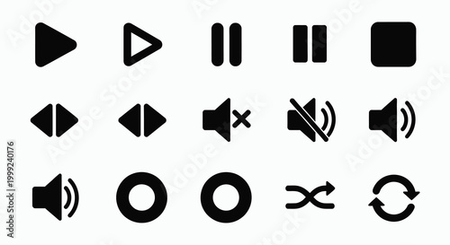 A comprehensive set of music icons featuring vector play, pause, and stop buttons with audio control arrows for modern web and video media player interface design