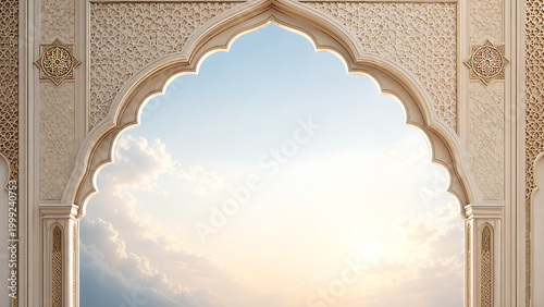 An ornate Islamic archway frames a serene sky with soft clouds and gentle sunlight, evoking a sense of peace and spiritual contemplation.