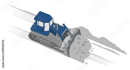 Blue bulldozer clearing dirt and debris on a construction site