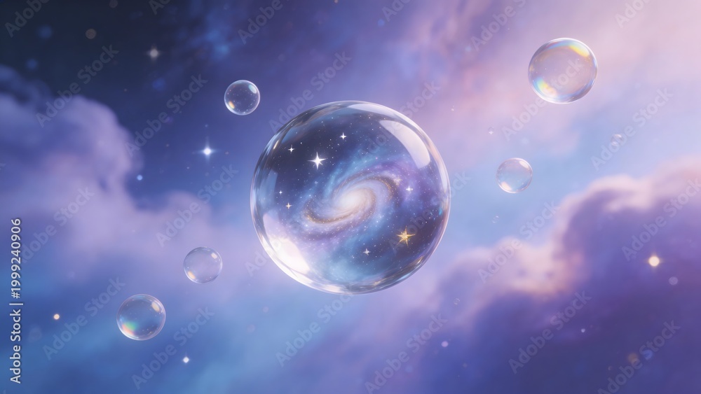 Naklejka premium Galaxy in bubbles floating in space