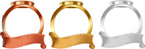 高級感あふれるゴールド・シルバー・ブロンズのリング型フレームとリボン装飾がセットになったラグジュアリー装飾素材集（白背景・ベクター風）