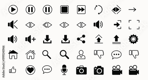 Set of music icons and media symbols in vector format for web technology and business website design including communication signs for computer and mobile phone apps
