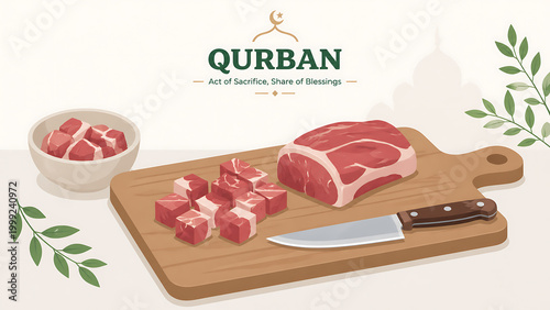 Illustration of raw meat being prepared on a cutting board for Qurban, an Islamic act of sacrifice and sharing blessings during Eid al-Adha.