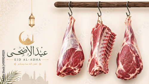 Three large cuts of raw red meat, likely lamb or beef, are hanging from hooks on a wooden beam, ready for preparation during Eid al-Adha celebrations.