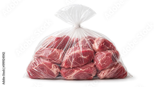 Three raw meat cuts, likely lamb or beef, hanging from hooks on a wooden beam, with an Eid al-Adha greeting, crescent moon, and mosque silhouette on a light background.