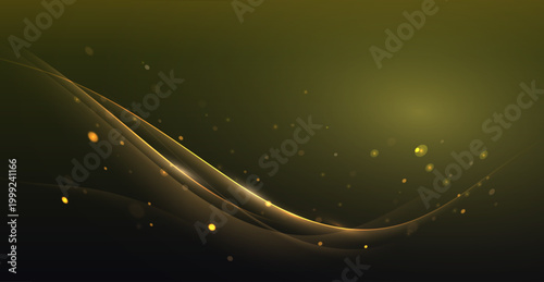 暗い背景に輝くゴールドの光の流線と粒子が美しく広がるラグジュアリー抽象背景素材（高級・エレガント・グラデーション）