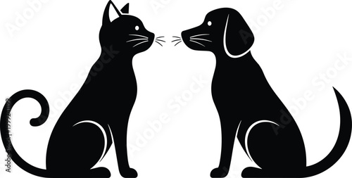 Black silhouette vector illustration of a cat and dog sitting and facing each other isolated on white background for logo
