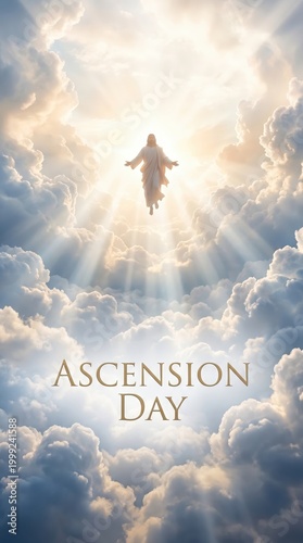 The ascension of jesus christ into heaven with a lights and clouds.