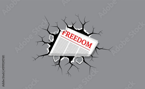 The impactful message of freedom conveyed through a newspaper tearing down barriers, illustrating the power of truth and information to overcome suppression and reveal reality